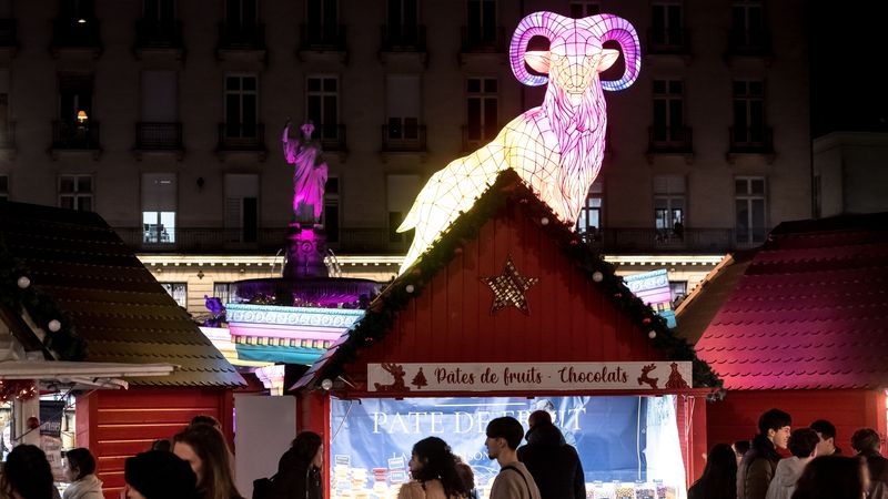 Le mouflon domine aujourd'hui le Marché de Noël place Royale. « Quand je réfléchissais aux sculptures nantaises, je suis tombé sur une carte postale du début 20e qui montrait ce mouflon, autrefois au Jardin des Plantes et fondu pendant la guerre. Cet animal est devenu comme un pendant du cerf, installé dans le même jardin. »  © Tim Fox.