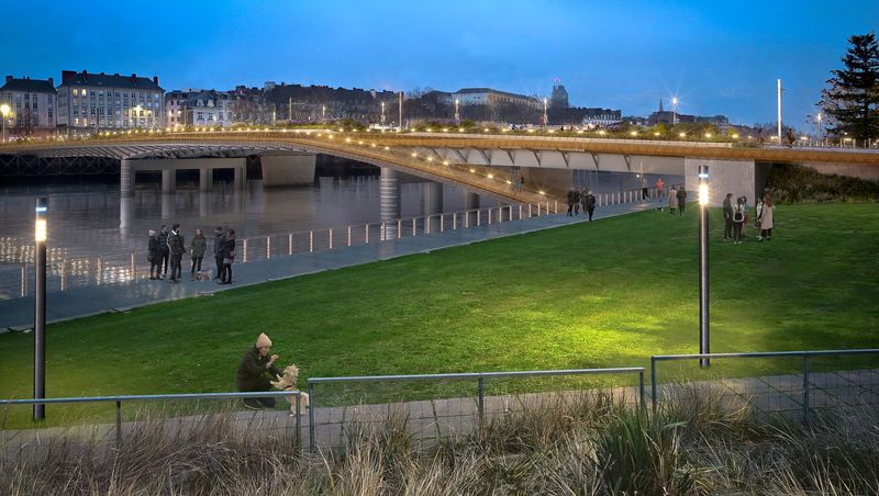 Sur le pont et sous le pont, sur ses passerelles, de nombreux espaces piétonniers inviteront à prendre de nouveaux chemins d’une rive à l’autre de la Loire.© Dietmar Feichtinger Architectes