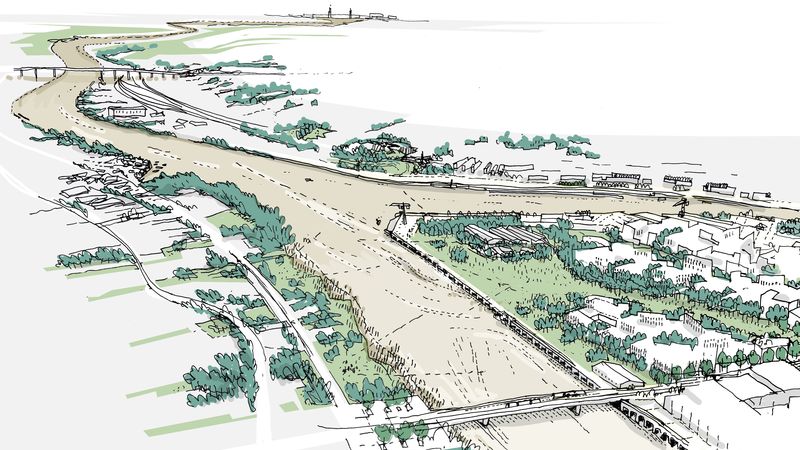 Illustration des intentions pour le futur grand parc qui sera aménagé face à la Loire, au sud-ouest de l’île de Nantes. Sa conception sera travaillée dans le cadre de la concertation avec les citoyens et selon les études de faisabilité. © D’ICI LA / Atelier Georges