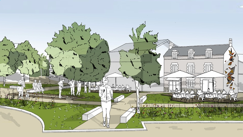 L’îlot Jeanne d’Arc, « le cœur de l’esprit village », accueillera 36 logements et 5 à 6 cellules commerciales. Les espaces publics seront végétalisés. © Auran.