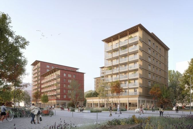 L’îlot A2B, original avec ses façades en paille et ossature bois, comptera 147 logements abordables et sociaux, avec quelques commerces en rez-de-chaussée (supérette, tabac-presse, etc.) et de vastes locaux pour les vélos et vélo-cargo. © NMA - MFLA GHT – Bertin L’îlot A2B, original avec ses façades en paille et ossature bois, comptera 147 logements abordables et sociaux, avec quelques commerces en rez-de-chaussée (supérette, tabac-presse, etc.) et de vastes locaux pour les vélos et vélo-cargo. © NMA - MFLA GHT – Bertin