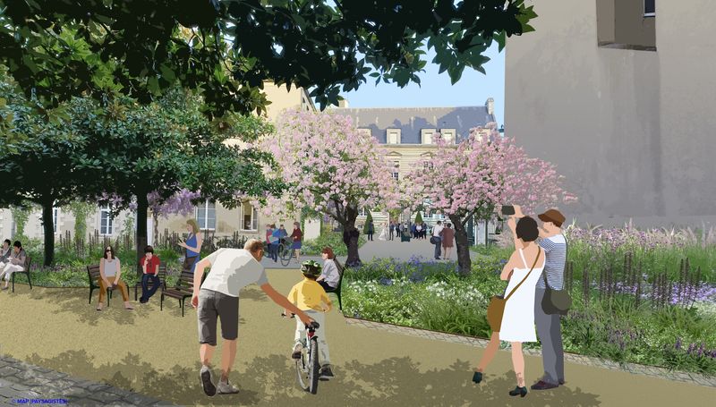 Au printemps 2025, le parking de la mairie situé rue de la Commune sera transformé en salon extérieur végétalisé et fleuri, où l’on pourra se poser et partager des moments conviviaux lors des cérémonies de mariage. © MAP Paysagistes