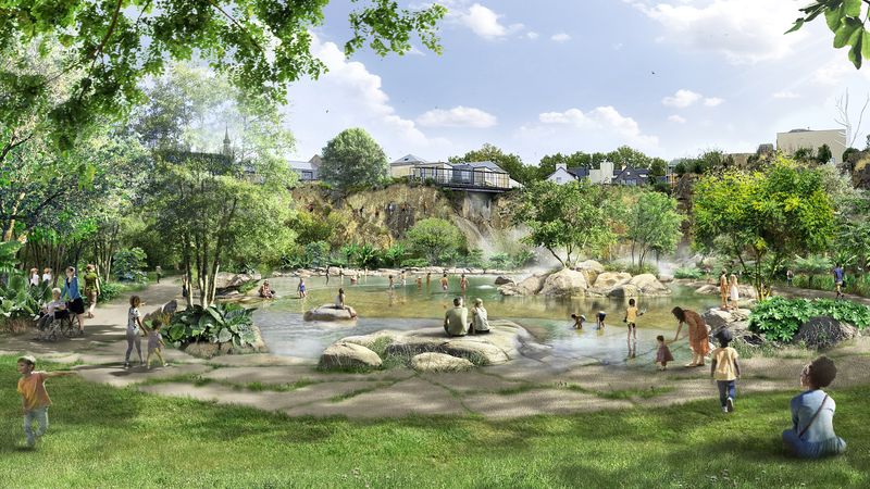 Après la cascade de 25 m créée en 2019, ce bassin peu profond sera sans nul doute apprécié des familles avec sa plage verte de 1400 m². © Phytolab