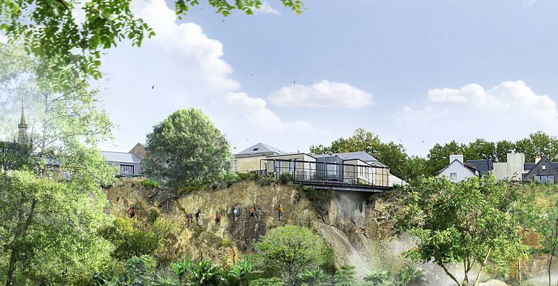A partir de l’automne 2025, sur ce site magique, il sera possible de faire de la slackline, de la via-ferrata et de l’escalade accroché aux parois de granite du Sillon de Bretagne. © Phytolab