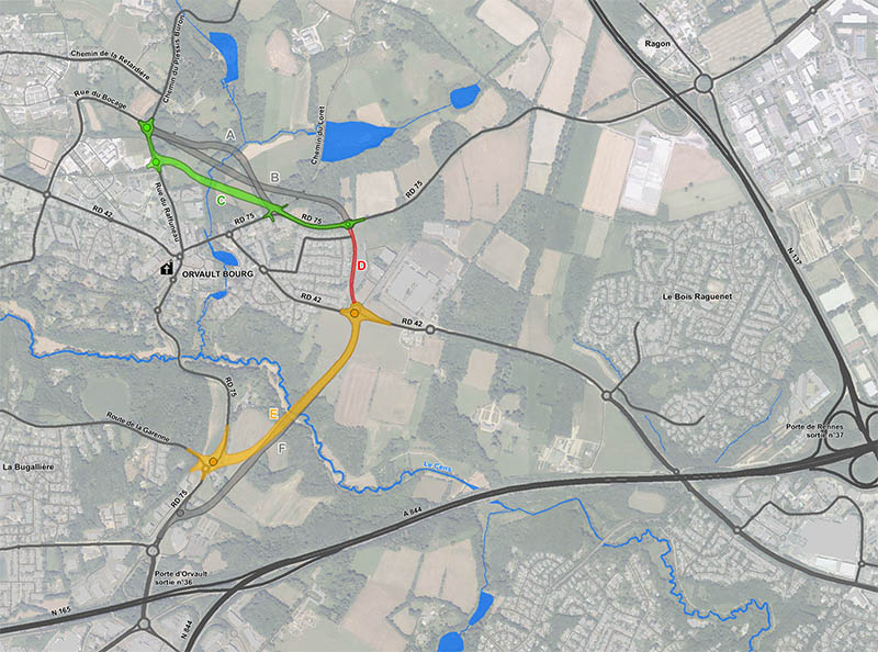 En vert, rouge et jaune, voici les tracés retenus pour le contournement du bourg d’Orvault. En vert, rouge et jaune, voici les tracés retenus pour le contournement du bourg d’Orvault.